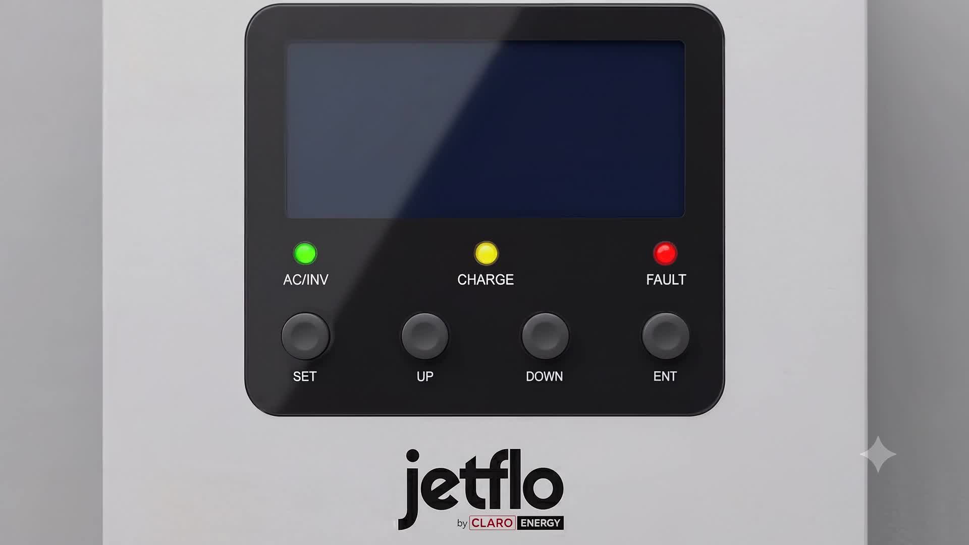 Exploded view of the Jetflo inverter — outer casing, control and display board, power-electronics board and chassis, separated into layers